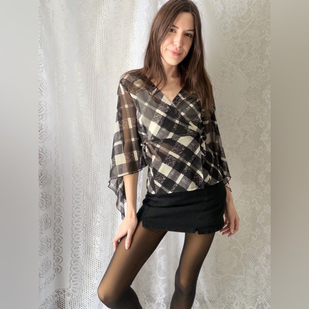 Y2K Sheer Plaid Wrap Top Bell Sleeve Tie Front 2000s - Picture 8 of 16